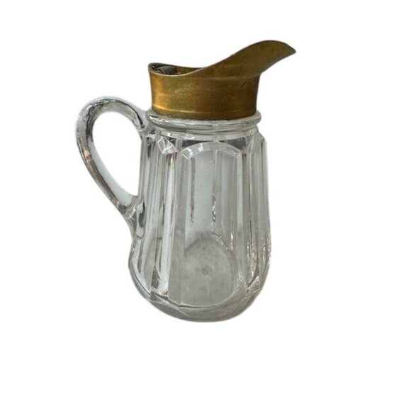Antique Clear Glass Creamer Pitcher With Brass Hinged Lid - Vintage Ribbed Desig - Picture 1 of 7